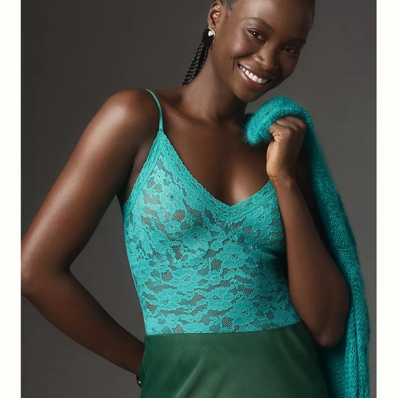 By Anthropologie V-Neck Sheer Lace Bodysuit- Turquoise - Picture 3 of 3